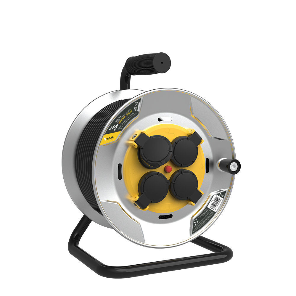 Technik Industrial Kábeldob 4-er 25m 1,5mm2 H07RN-F (IP44) 16A Fémház, MTI4K25M1-5-MBK