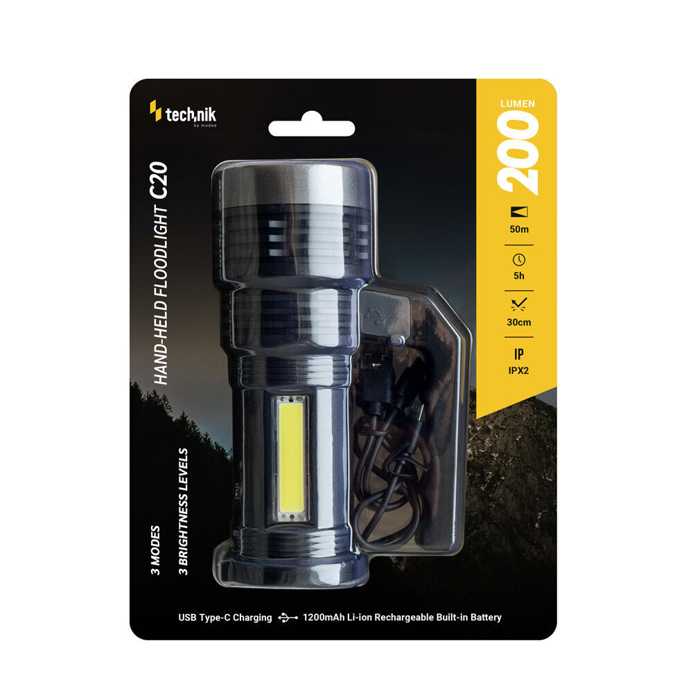 Technik Kézi Reflektor C20 (akkumulátoros) XPE LED, Type-C (200 lumen), IPX2, újratölthető, MT-C20