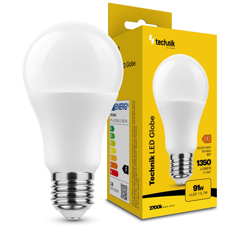 Technik LED Izzó Globe A60 13,7W E27 360° 2700K (1350 lumen) ERP, meleg fehér, CRI>80, MTL-G2700K13-7WE27N