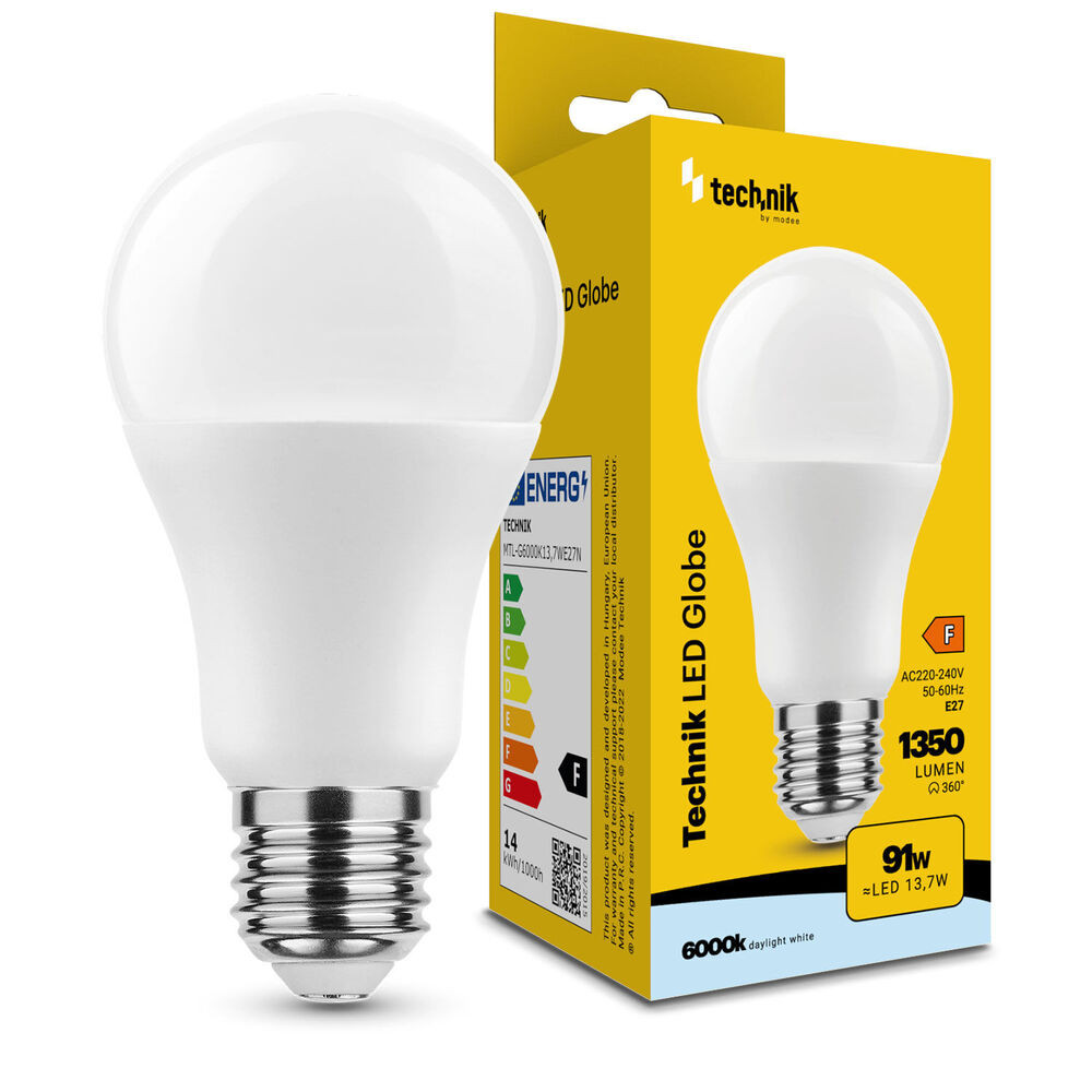 Technik LED Izzó Globe A60 13,7W E27 360° 6000K (1350 lumen) ERP, hideg fehér, CRI>80, MTL-G6000K13-7WE27N