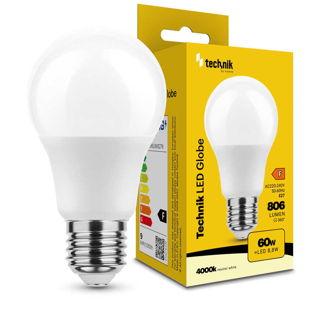 Technik LED Izzó Globe A60 8,8W E27 360° 4000K (806 lumen) ERP, természetes fehér, CRI>80, MTL-G4000K8-8WE27N