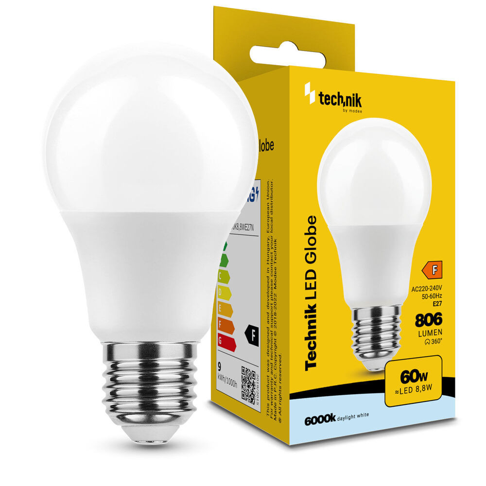 Technik LED Izzó Globe A60 8,8W E27 360° 6000K (806 lumen) ERP, hideg fehér, CRI>80, MTL-G6000K8-8WE27N