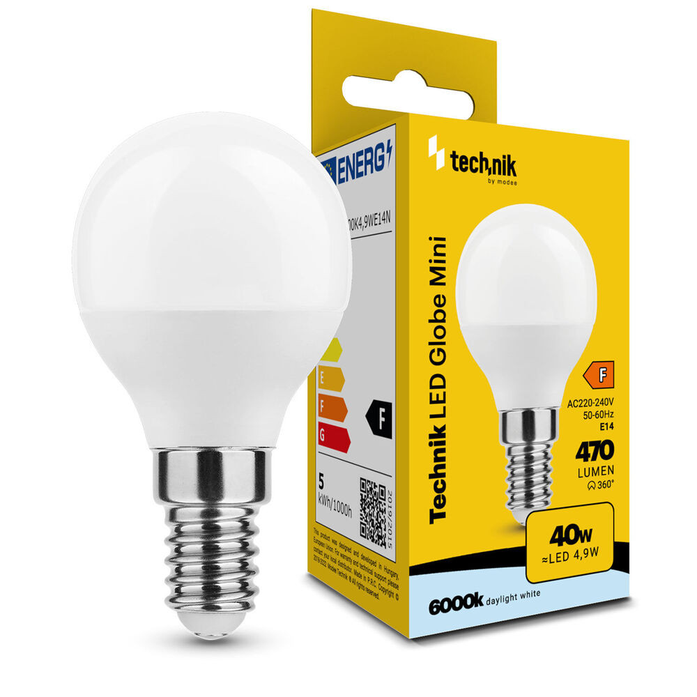 Technik LED Izzó Globe Mini G45 4,9W E14 360° 6000K (470 lumen) ERP, hideg fehér, CRI>80, MTL-G456000K4-9WE14N