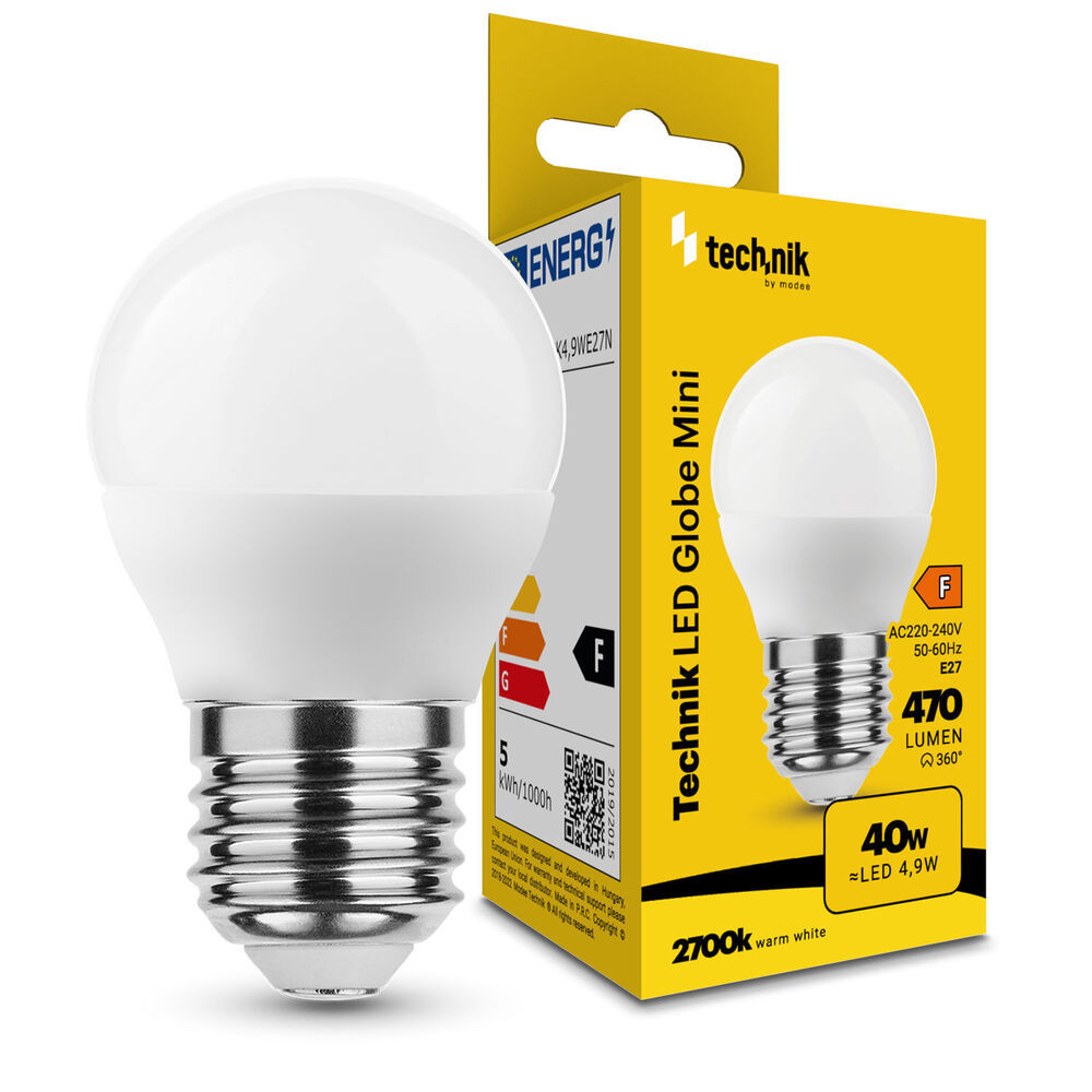 Technik LED Izzó Globe Mini G45 4,9W E27 360° 2700K (470 lumen) ERP, meleg fehér, CRI>80, MTL-G452700K4-9WE27N