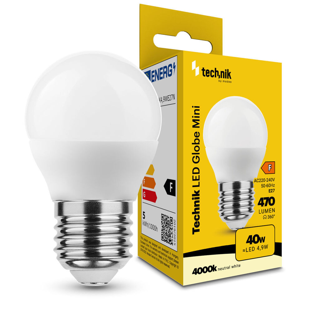 Technik LED Izzó Globe Mini G45 4,9W E27 360° 4000K (470 lumen) ERP, természetes fehér, CRI>80, MTL-G454000K4-9WE27N