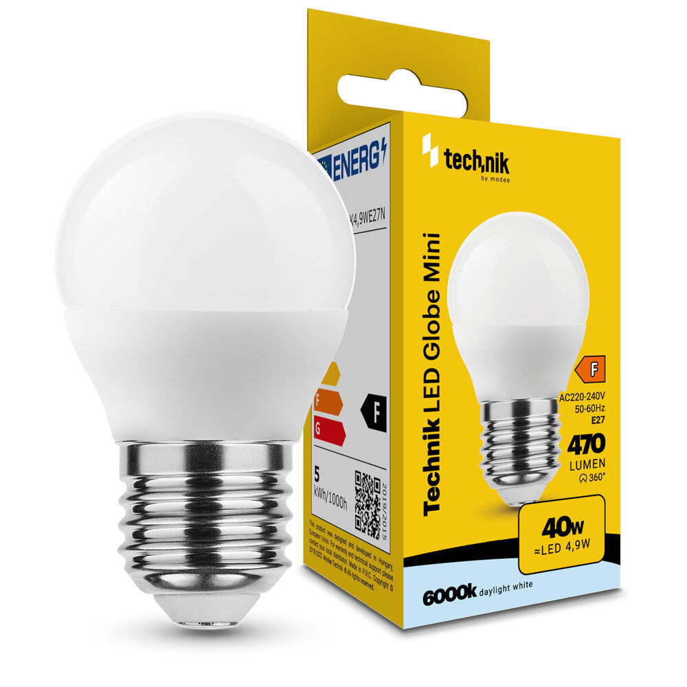 Technik LED Izzó Globe Mini G45 4,9W E27 360° 6000K (470 lumen) ERP, hideg fehér, CRI>80, MTL-G456000K4-9WE27N