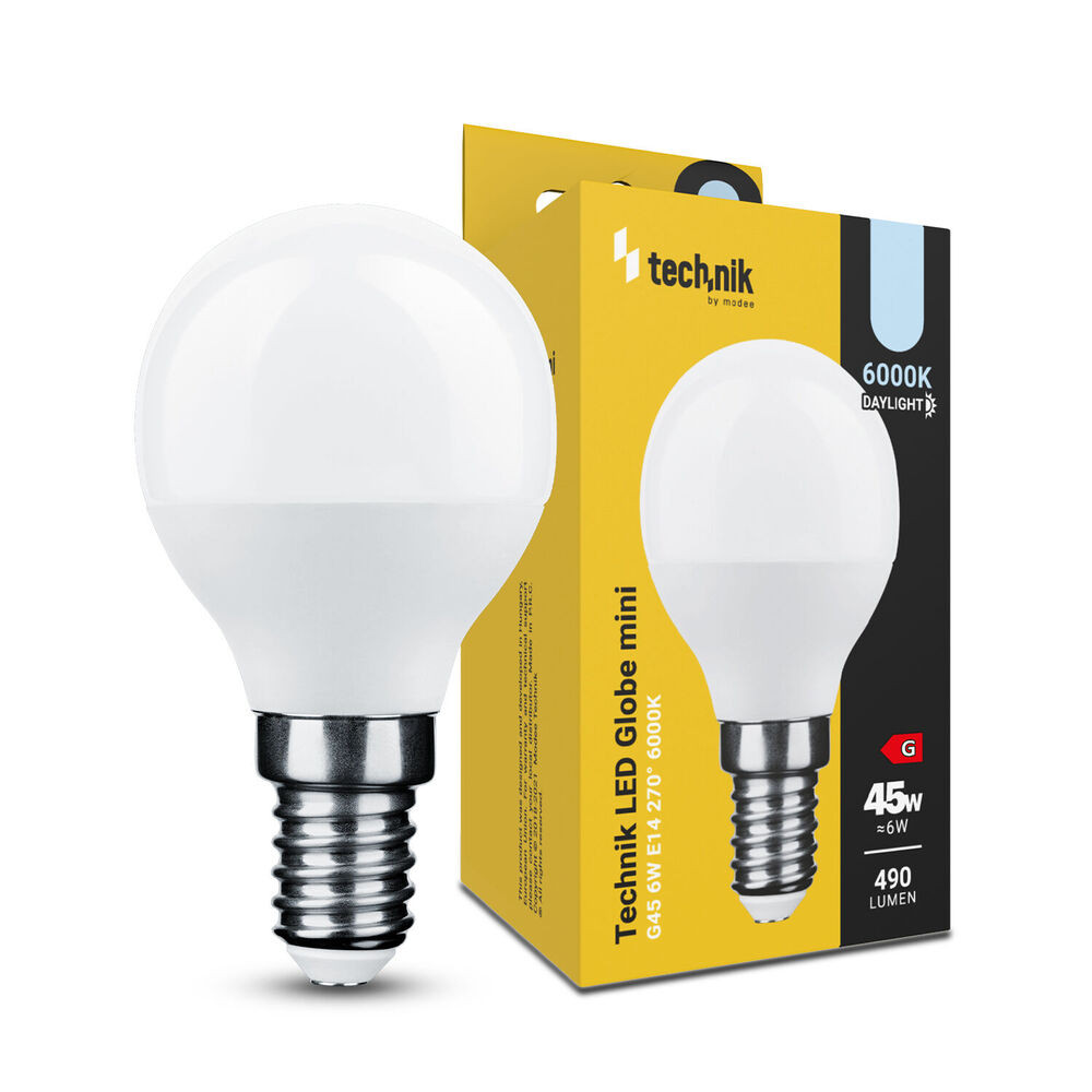 Technik LED Izzó Globe Mini G45 6W E14 270° 6000K (490 lumen), hideg fehér, CRI>80, MTL-G456000K6WE14