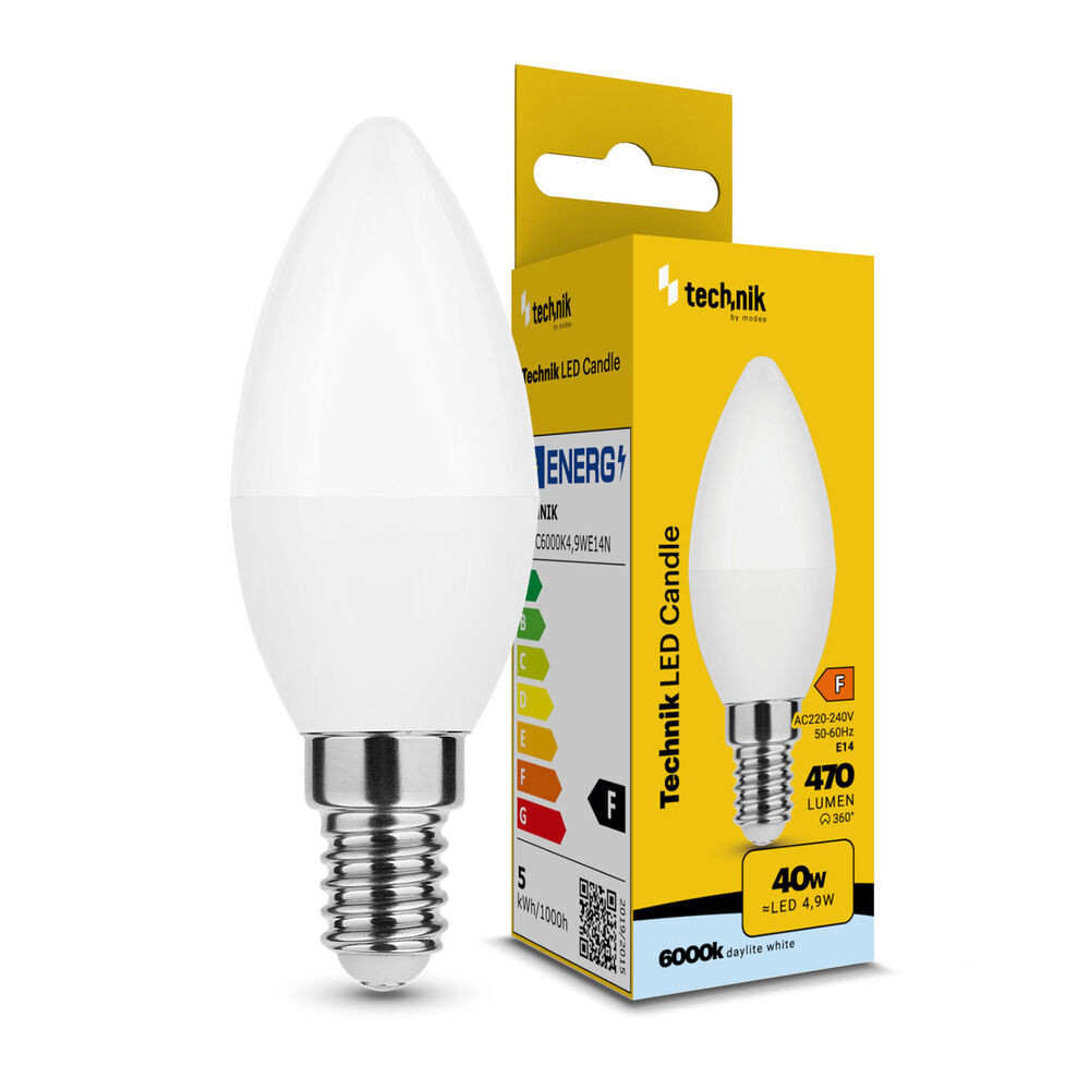 Technik LED Izzó Gyertya (Candle) C37 4,9W E14 200° 6000K (470 lumen) ERP, hideg fehér, CRI>80, MTL-C6000K4-9WE14N