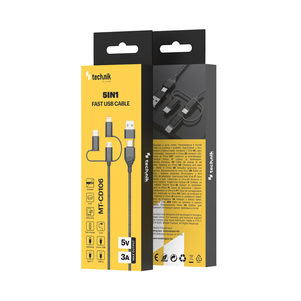 Technik Töltő-és Adatkábel Braided (5in1) USB-A/C to all 5V 3A 1,2m Fekete, MT-CD106