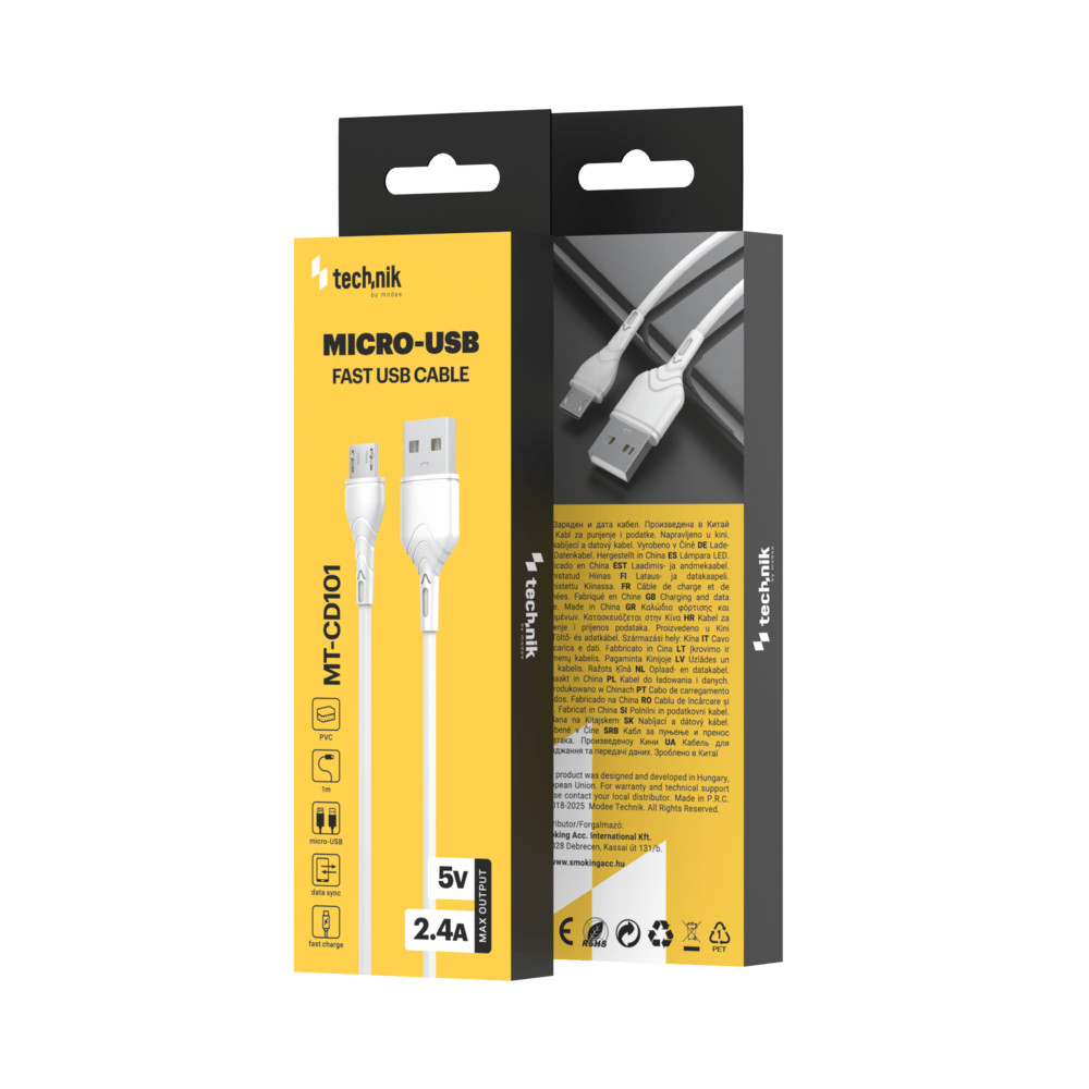 Technik Töltő-és Adatkábel PVC USB-A, Micro USB 5V 2,4A 1m Fehér, MT-CD101