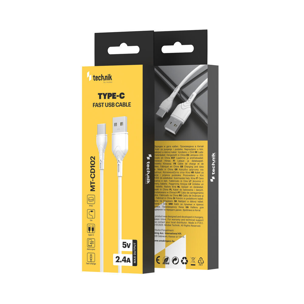 Technik Töltő-és Adatkábel PVC USB-A, USB-C 5V 2,4A 1m Fehér, MT-CD102