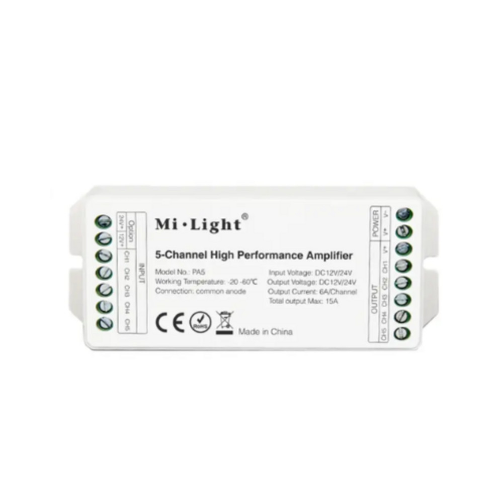 Jelerősítő , Monokróm/CCT/RGB/RGBW/RGB-CCT szalagokhoz , 180 Watt , 5 csatorna , 5x6 Amper , Miboxer (Mi-Light) , PA5