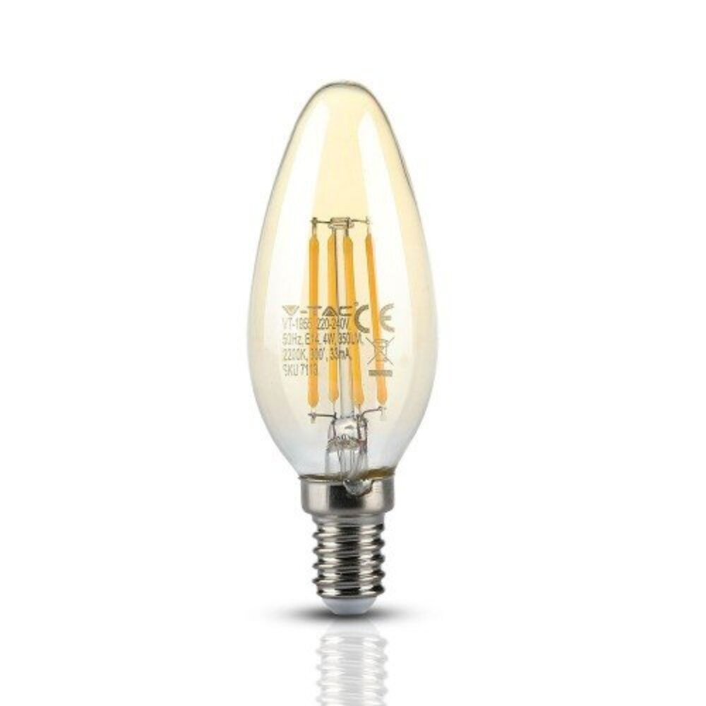 LED lámpa , égő , izzószálas hatás , filament , gyertya , E14 foglalat , 4 Watt , meleg fehér , borostyán sárga