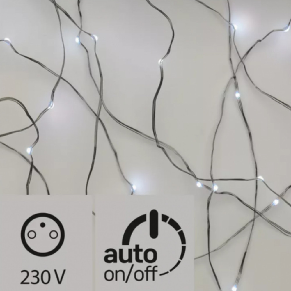 LED karácsonyi nano fényfüzér, ezüst, 10 m, kültéri és beltéri, hideg fehér, időzítő, IP44, EMOS, D3AC01