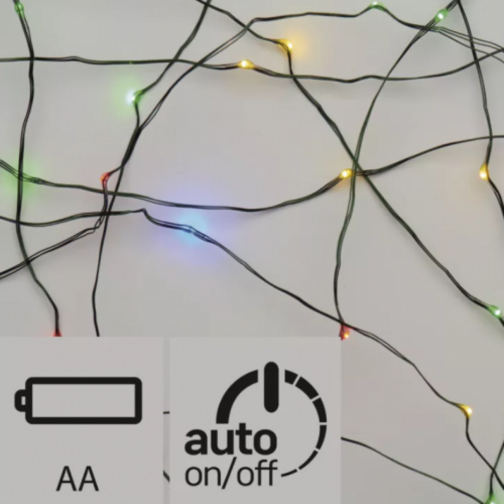 LED karácsonyi nano fényfüzér, 1,9 m, 2x AA, beltéri, többszínű, időzítő, RGB, IP20, EMOS, D3AM04