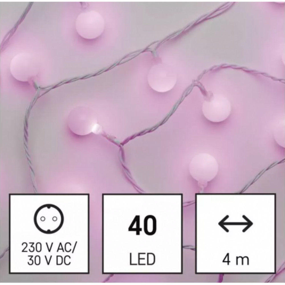 LED fényfüzér, cseresznye – golyók 2,5 cm, 4 m, kültéri és beltéri, rózsaszínű, időzítő, IP44, EMOS, D5AP01