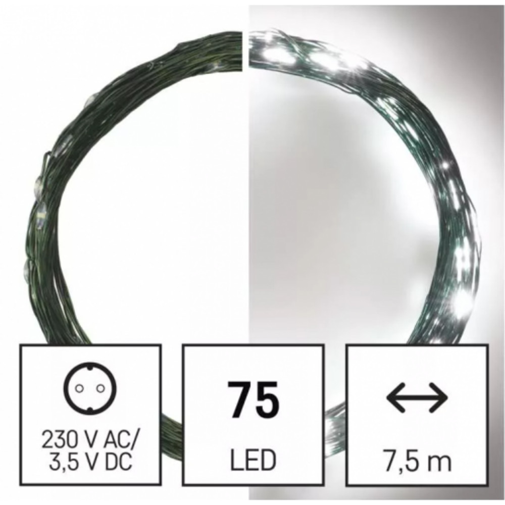 LED karácsonyi nano fényfüzér, zöld, 7,5 m, kültéri és beltéri, hideg fehér, időzítő, IP44, EMOS, D3AC04