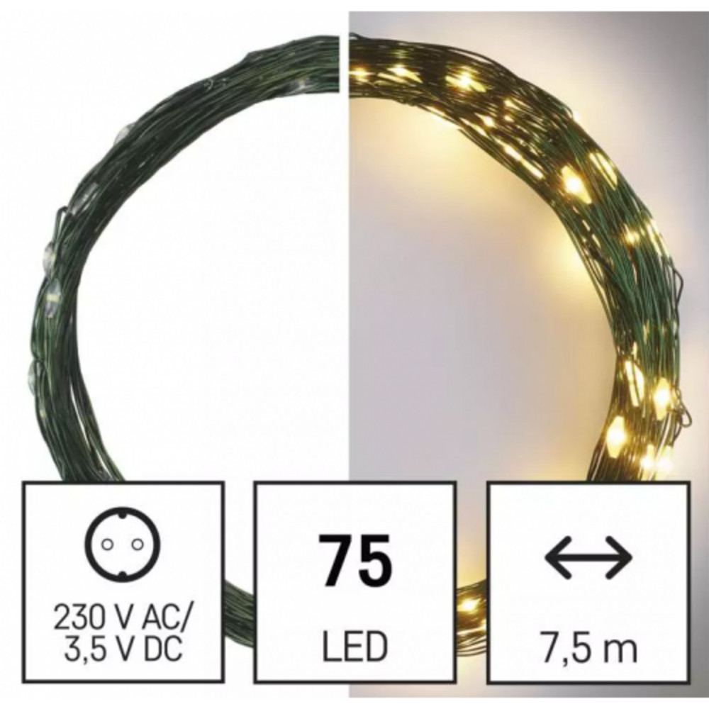 LED karácsonyi nano fényfüzér, zöld, 7,5 m, kültéri és beltéri, meleg fehér, időzítő, IP44, EMOS, D3AW04