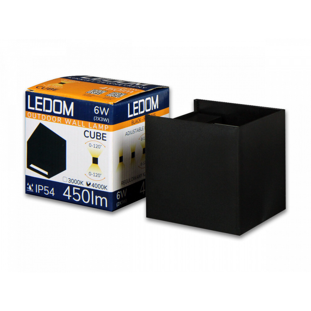 LEDOM Kültéri fali lámpatest LED 2x3W 3000K IP54 fekete CUBE, 6W, meleg fehér, CRI≥80, LED line, LL-478146