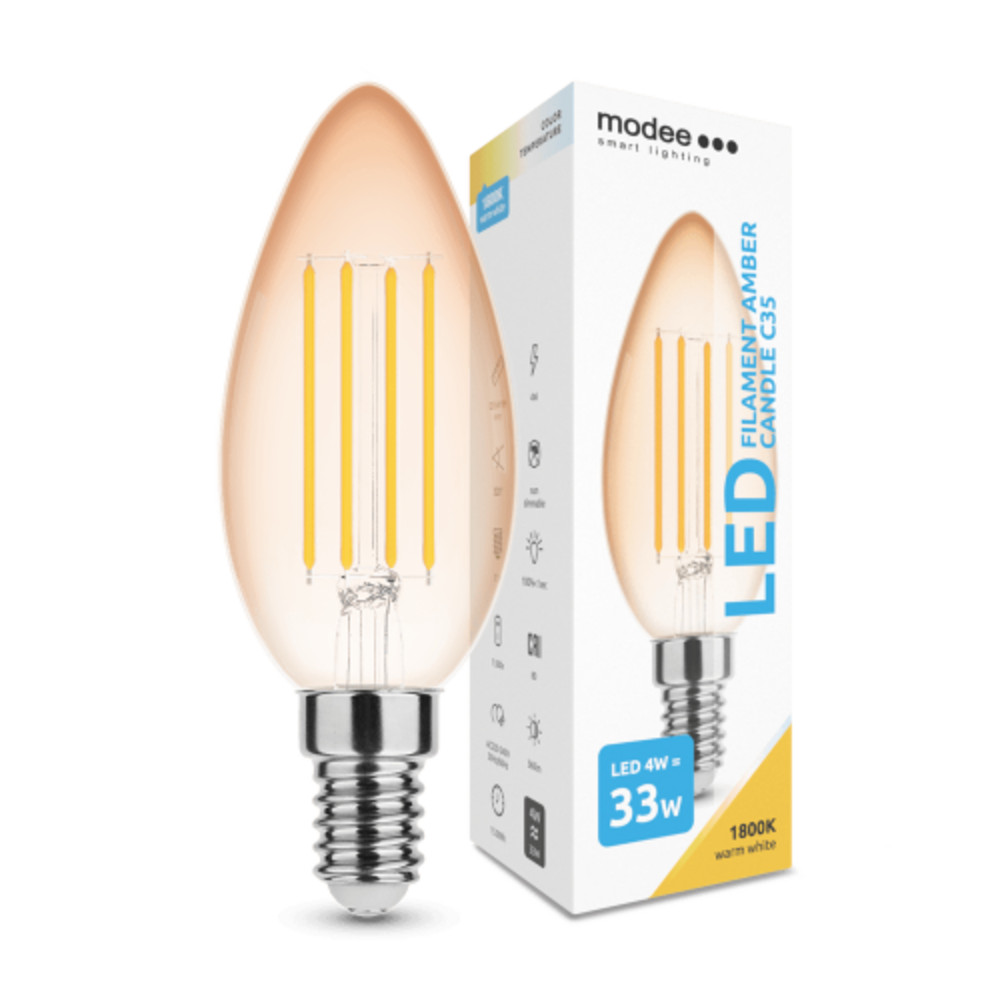 LED lámpa , égő , izzószálas hatás , filament , E14 foglalat , C35 , Edison , 4 Watt , meleg fehér , 1800K , borostyán sárga , Modee