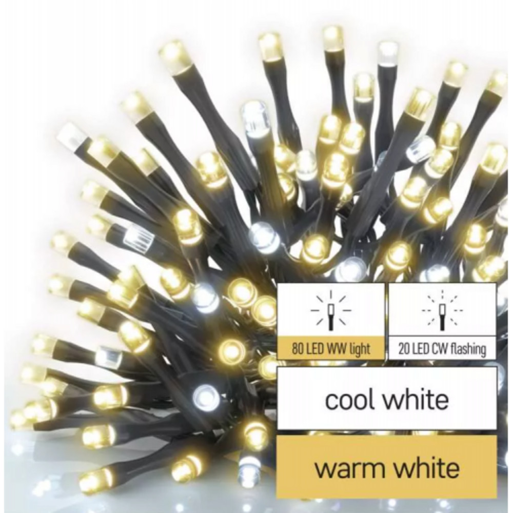 Standard LED sorolható karácsonyi füzér, villogó, 10 m, kültéri, meleg/hideg fehér, CCT, IP44, EMOS, D1AN02