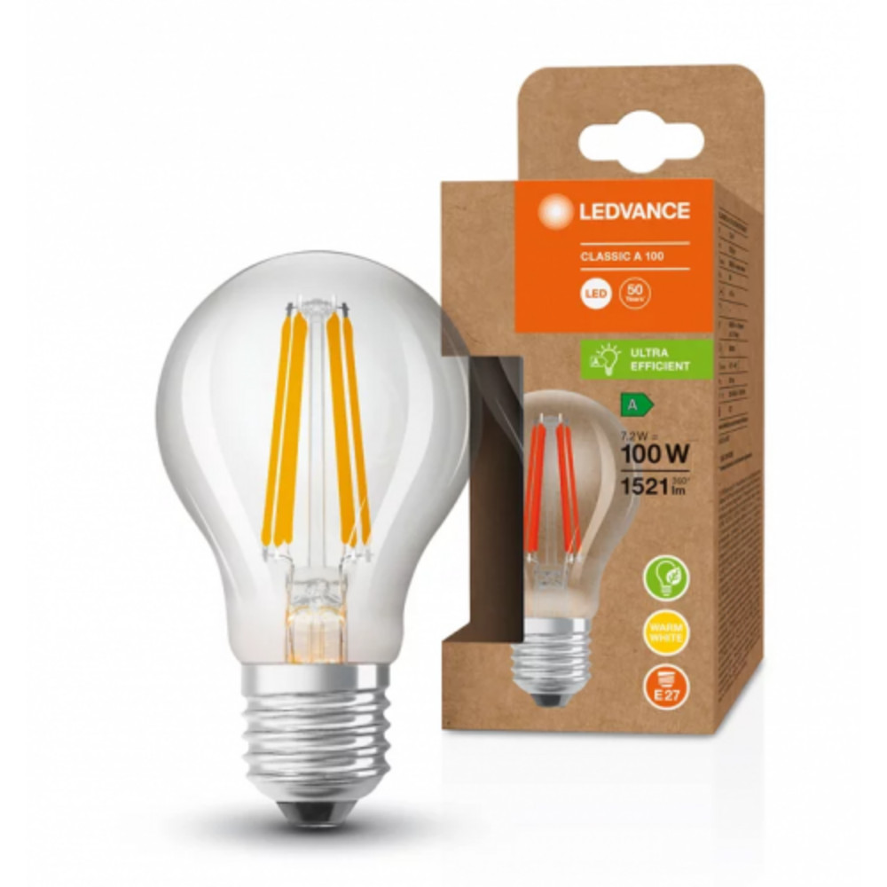 LED lámpa , égő , izzószálas hatás , filament , E27 , 7.2W , 211 lm/w , A besorolás , meleg fehér , 5 év garancia , LEDVANCE (OSRAM)
