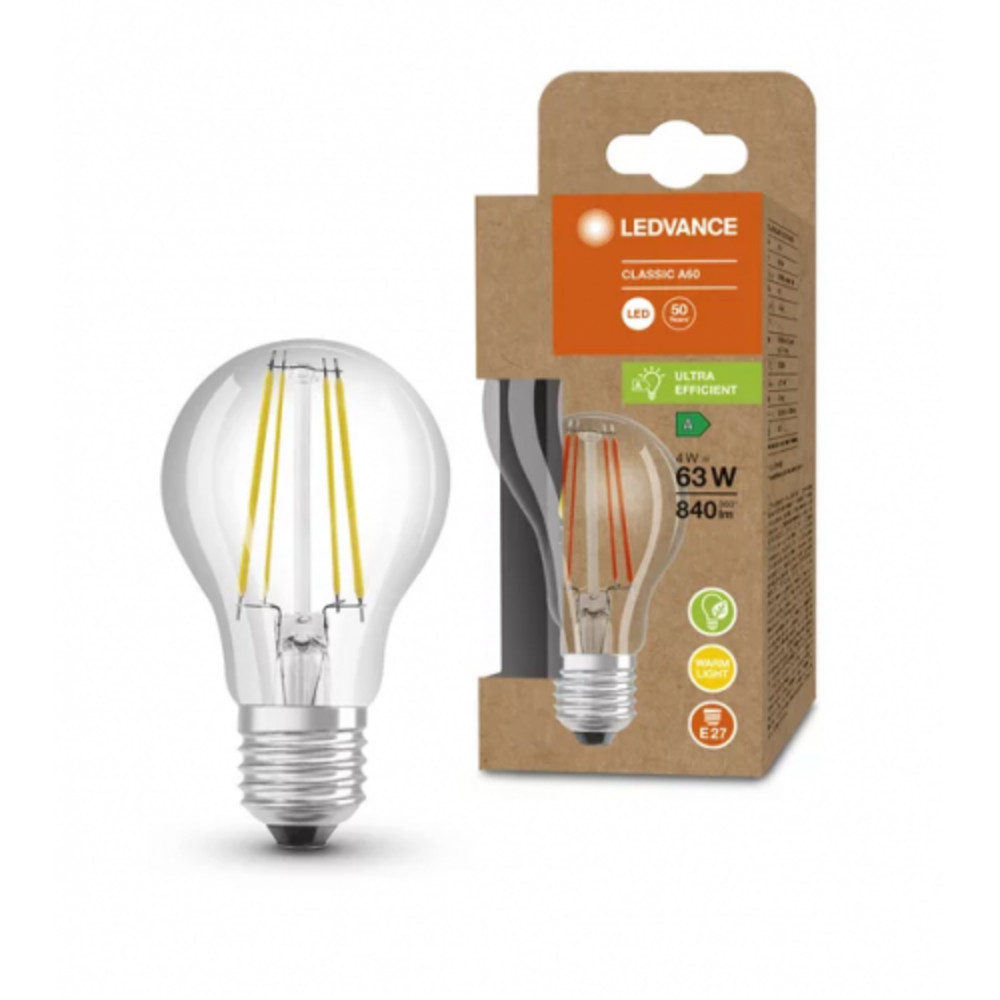 LED lámpa , égő , izzószálas hatás , filament , E27 , 4W , 210 lm/w , A besorolás , meleg fehér , 5 év garancia , LEDVANCE (OSRAM)