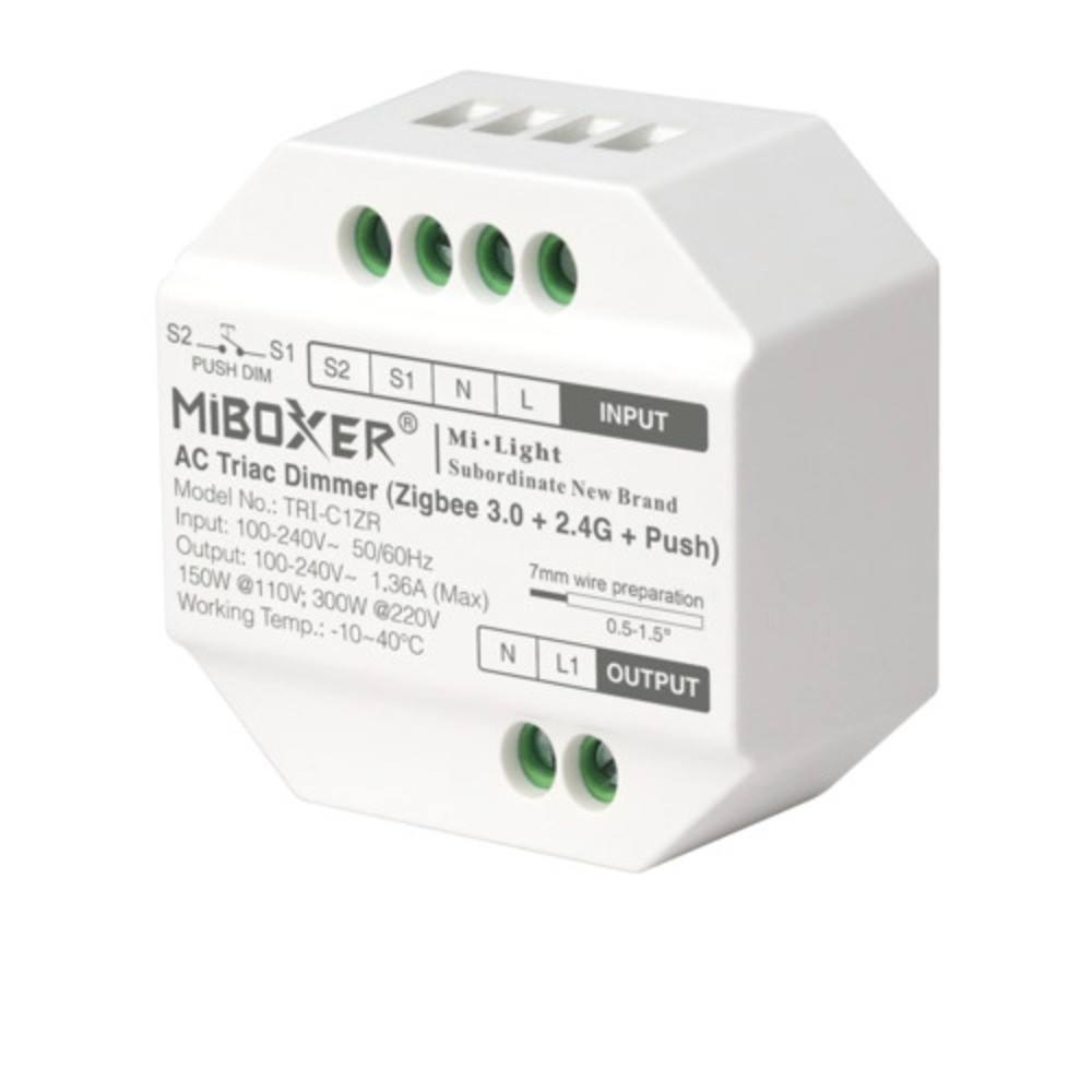 LED meghajtó , dimmer , 220V AC üzemű lámpákhoz , multifunkciós dimmelés , TRI-C1ZR , Zigbee 3.0+2.4G+Push , Miboxer (Mi-Light)