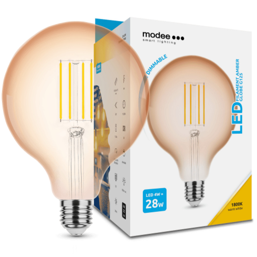 LED lámpa , égő , izzószálas hatás , filament , E27 foglalat , G125 , 4 Watt , dimmelhető , meleg fehér , 1800K , borostyán sárga , Modee
