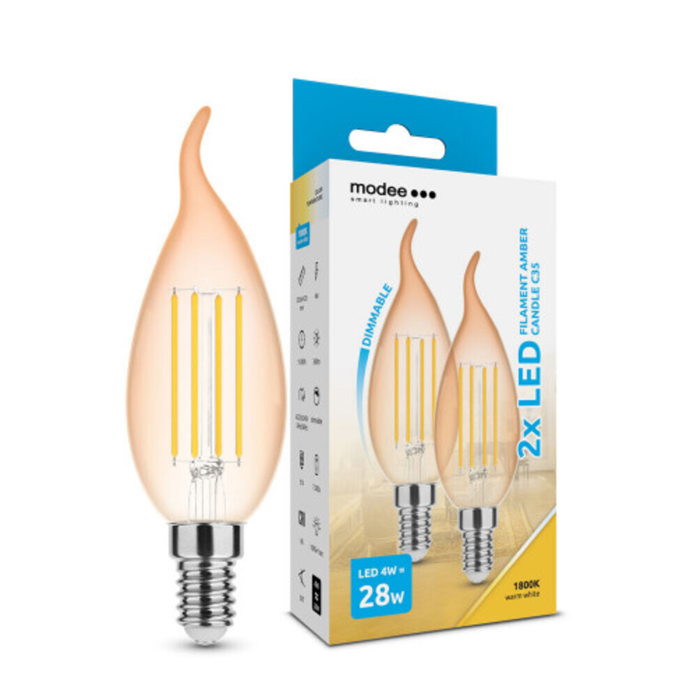 LED lámpa , égő , 2 db , izzószálas hatás , filament , gyertya , E14 foglalat , C35 , 4 Watt , dimmelhető , meleg fehér , 1800K , borostyán sárga , Modee
