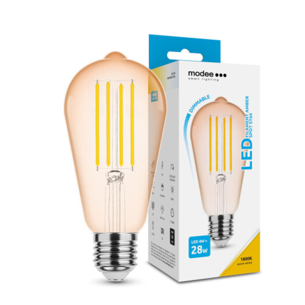 LED lámpa , égő , izzószálas hatás , filament , Edison , E27 foglalat , ST64 , 4 Watt , dimmelhető , meleg fehér , 1800K , borostyán sárga , Modee