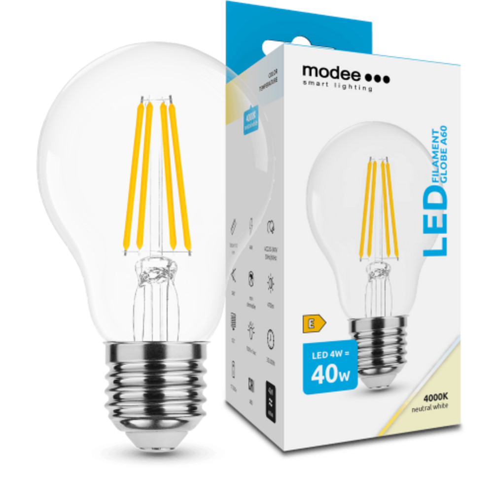 LED lámpa , égő , izzószálas hatás , filament , E27 foglalat , A60 , 4 Watt , természetes fehér , Modee