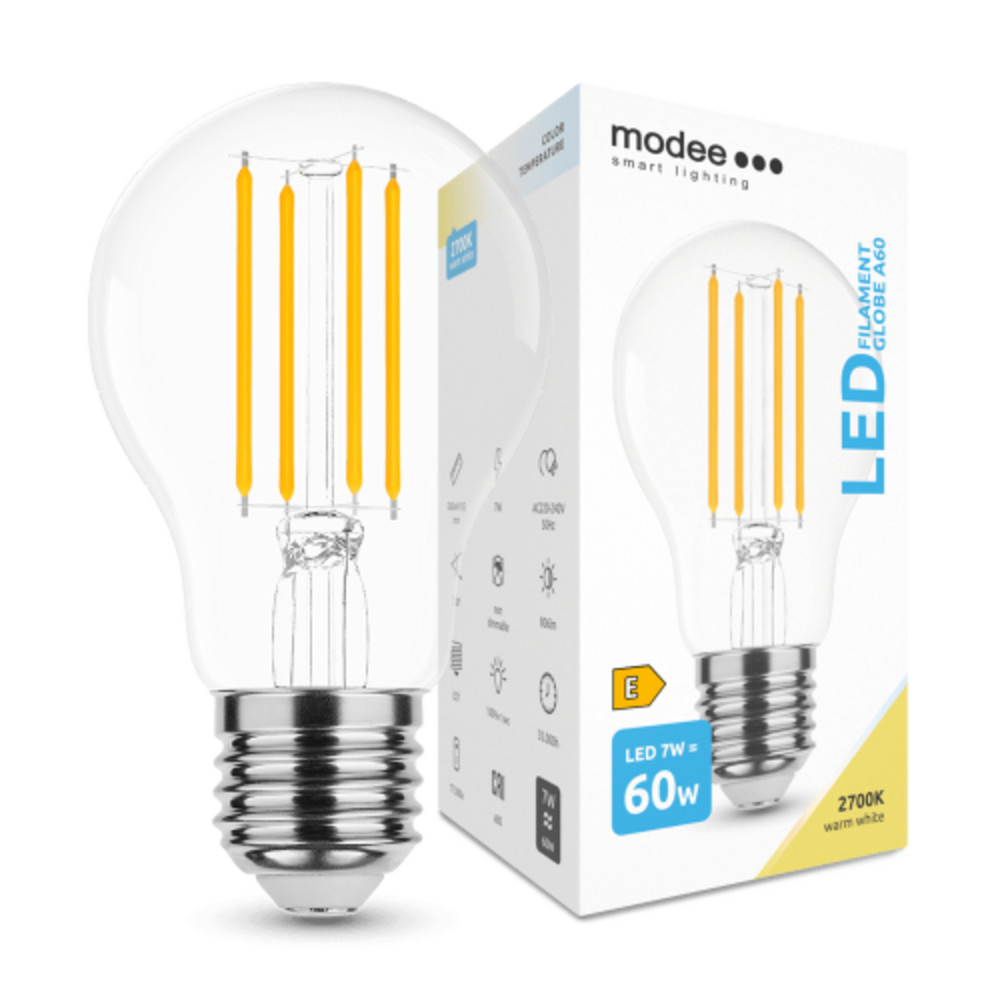 LED lámpa , égő , izzószálas hatás , filament , E27 foglalat , A60 , 7 Watt , meleg fehér , Modee