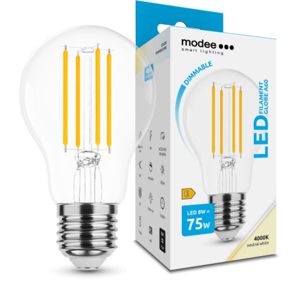 LED lámpa , égő , izzószálas hatás , filament , E27 foglalat , A60 , 8 Watt , természetes fehér , dimmelhető , Modee