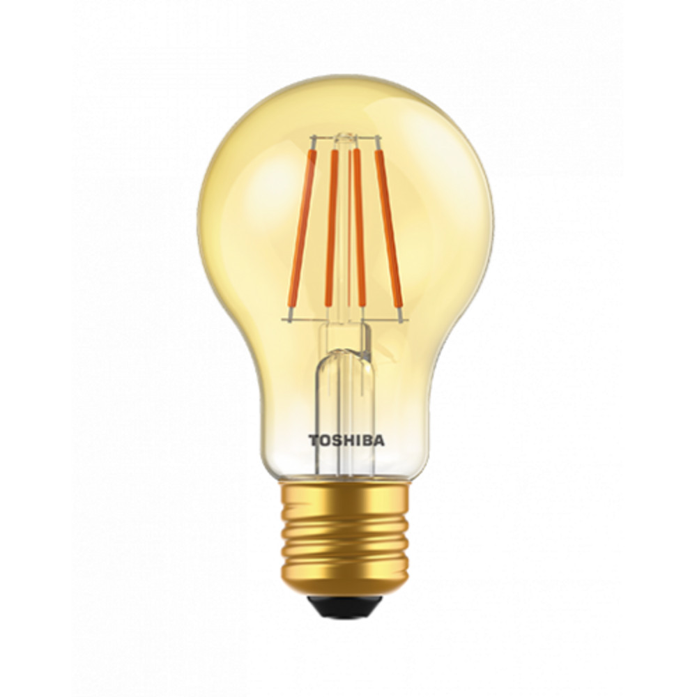 LED lámpa , égő , izzószálás hatás , filament , E27 foglalat , 4.5 Watt , meleg fehér , borostyán sárga , TOSHIBA , 5 év garancia