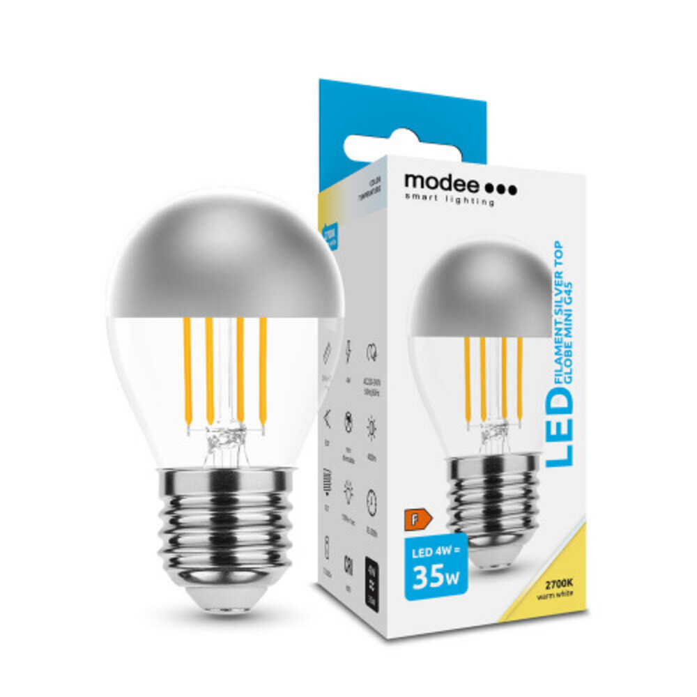 LED lámpa , égő , izzószálas hatás , filament , E27 foglalat , G45 , 4 Watt , meleg fehér , Silver Top , Modee