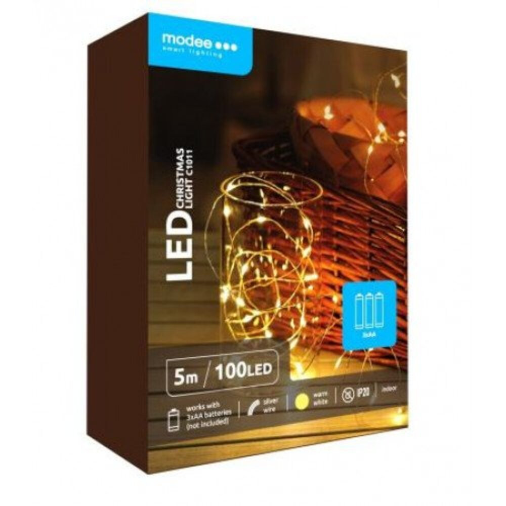 Led fényfüzér , beltéri , meleg fehér , rézszálás , elemes ,100 LED , 5 m , IP20 , Modee