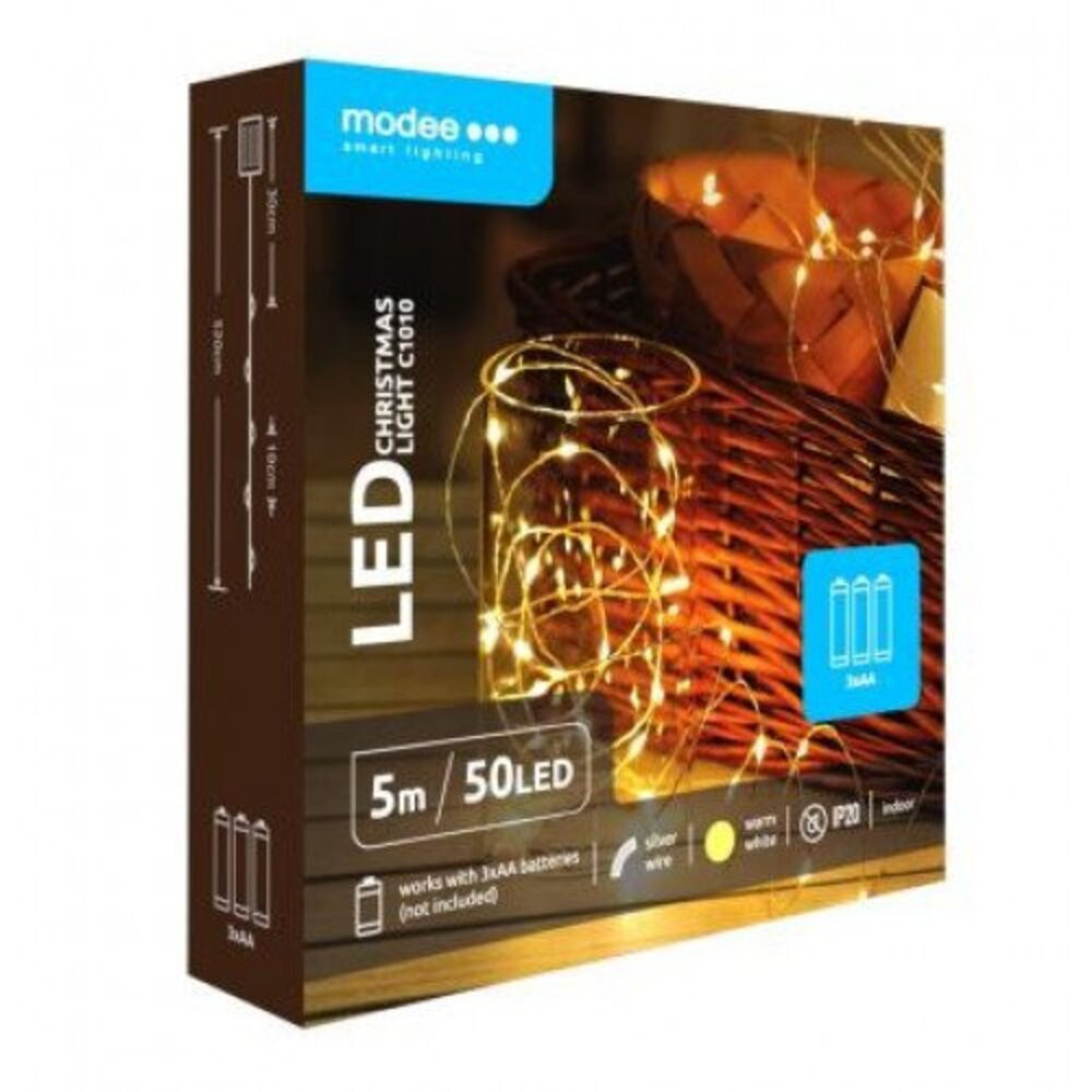 Led fényfüzér , beltéri , meleg fehér , rézszálás , elemes , 50 LED , 5 m , IP20 , Modee