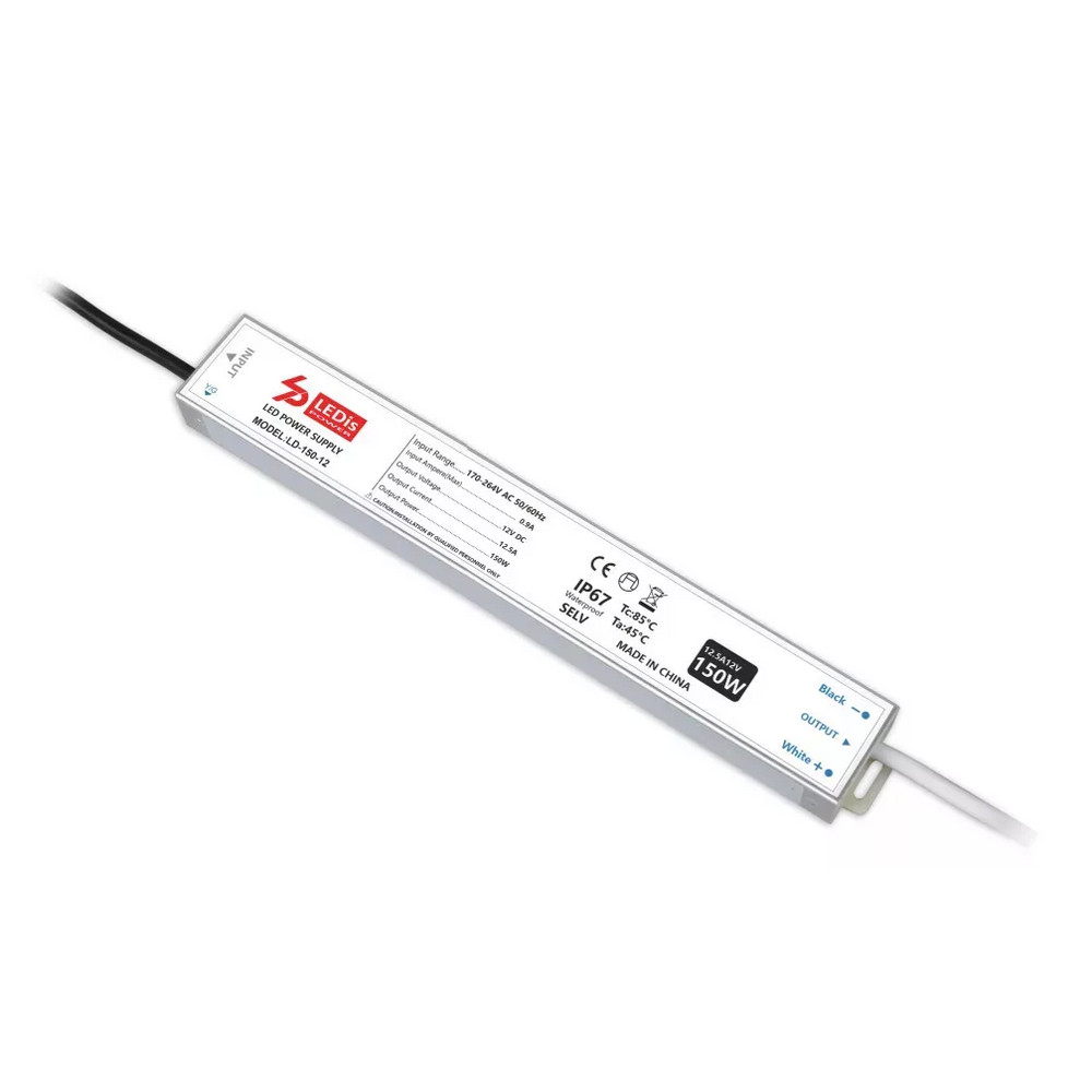 LED tápegység , 12 Volt , 150 Watt , 12.5A , slim , kültéri , vízálló , IP67 , 3+2 év garancia , LEDis , LD-150-12