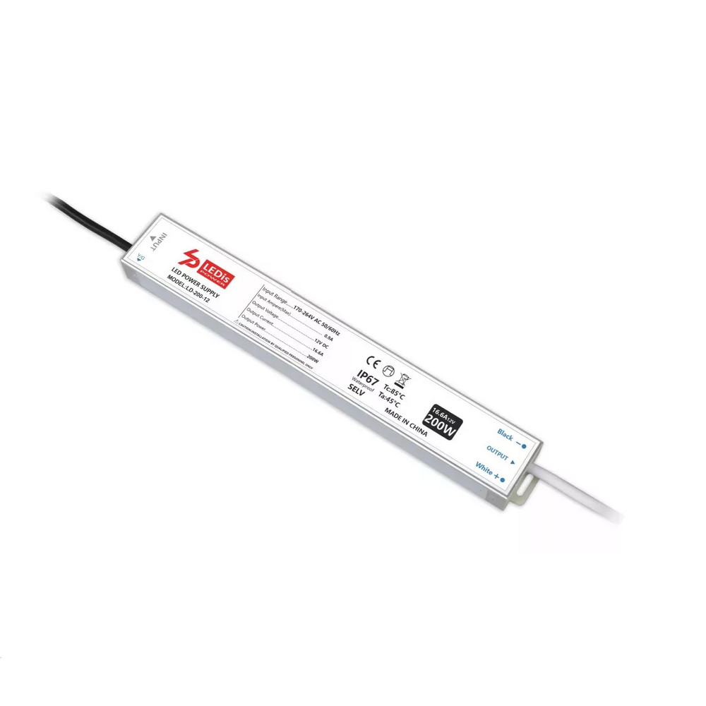 LED tápegység , 12 Volt , 200 Watt , 16.6A , slim , kültéri , vízálló , IP67 , 3+2 év garancia , LEDis , LD-200-12