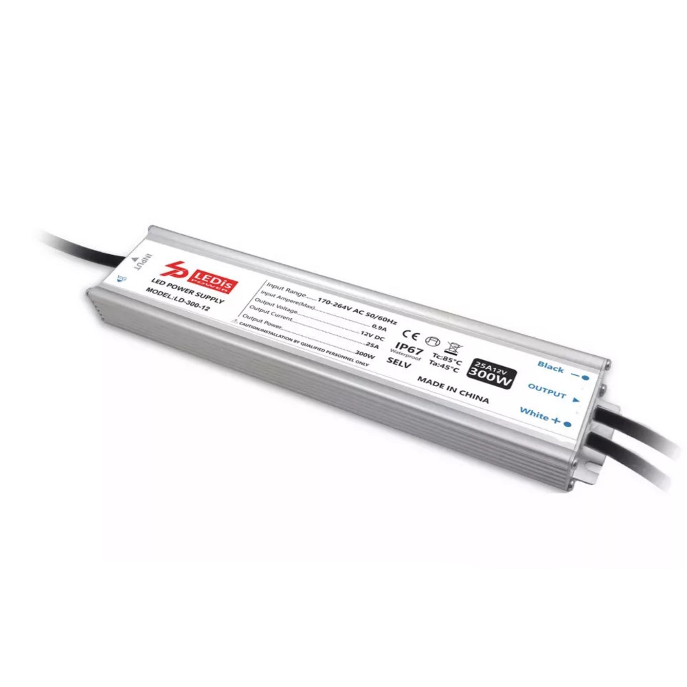LED tápegység , 12 Volt , 300 Watt , 25A , slim , kültéri , vízálló , IP67 , 3+2 év garancia , LEDis , LD-300-12