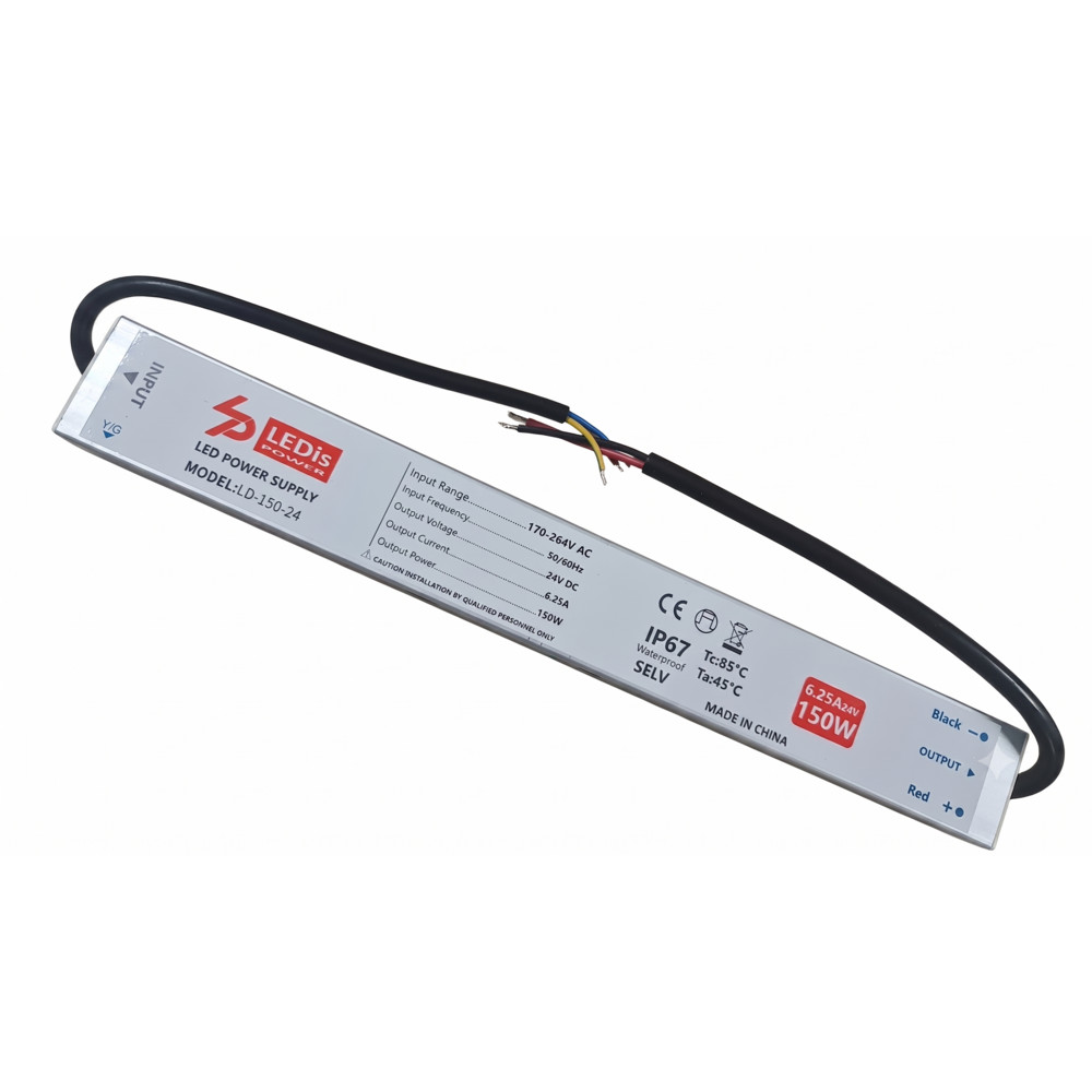 LED tápegység , 24 Volt , 150 Watt , 6.25A , slim , kültéri , vízálló , IP67 , 3+2 év garancia , LEDis , LD-150-24