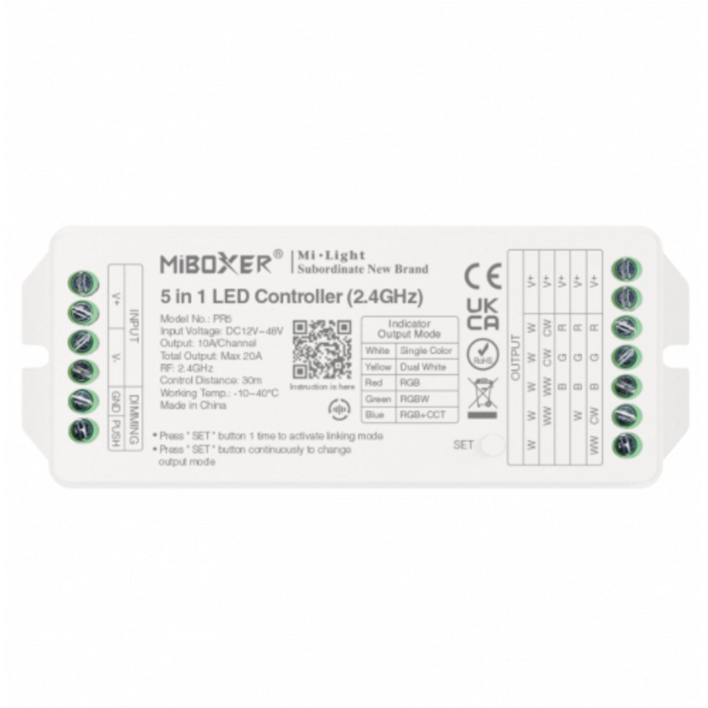 Univerzális csoport (zóna) vezérlő , 5in1 , Monokróm /CCT /RGB /RGBW /RGB-CCT , dimmelhető , group control , SMART , Max 20A , RF , Miboxer (Mi-Light) , PR5