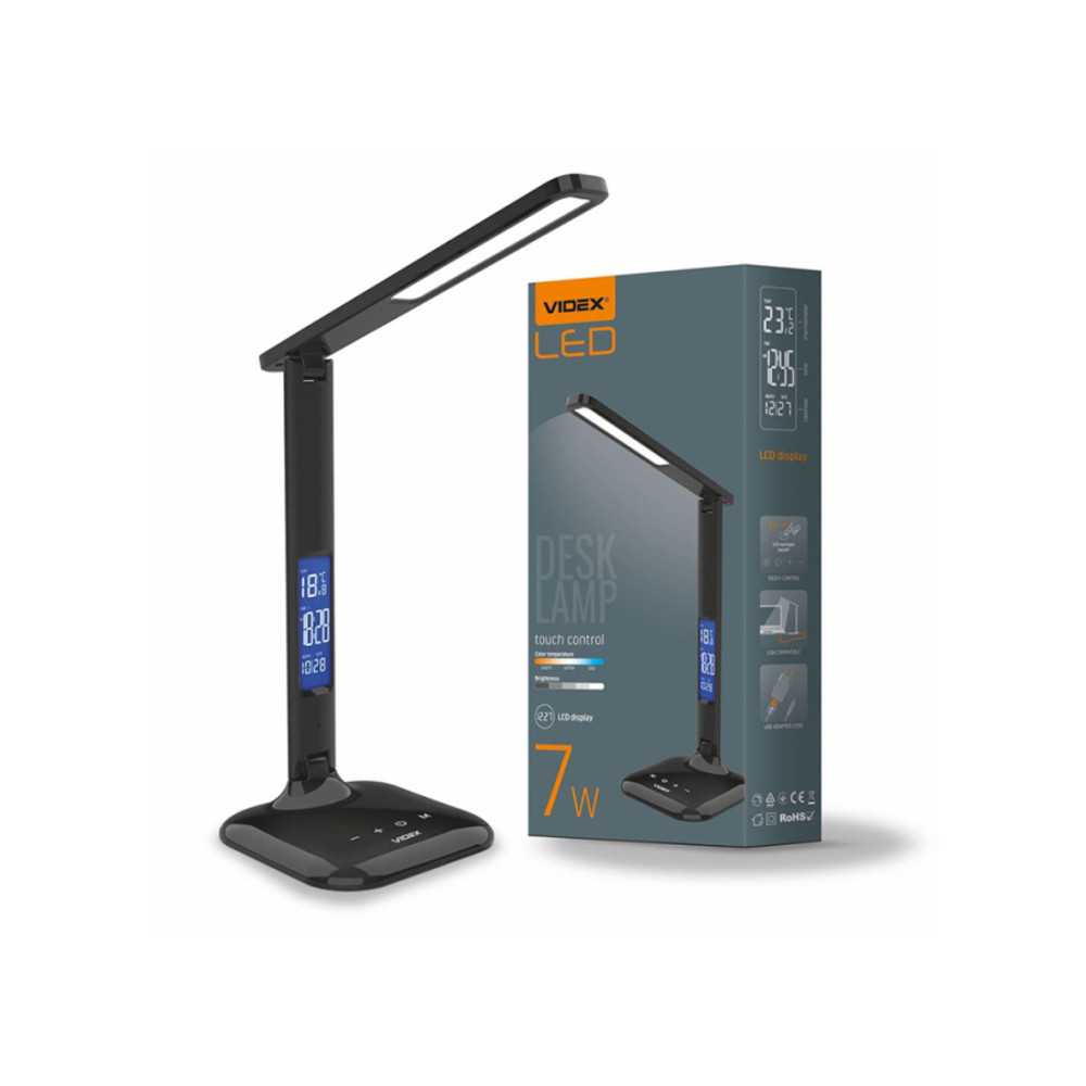 LED lámpa , asztali , érintő kapcsoló , digitális kijelző , 5W , állítható fehér színhőmérséklet (CCT) , dimmelhető , fekete , Videx Rio