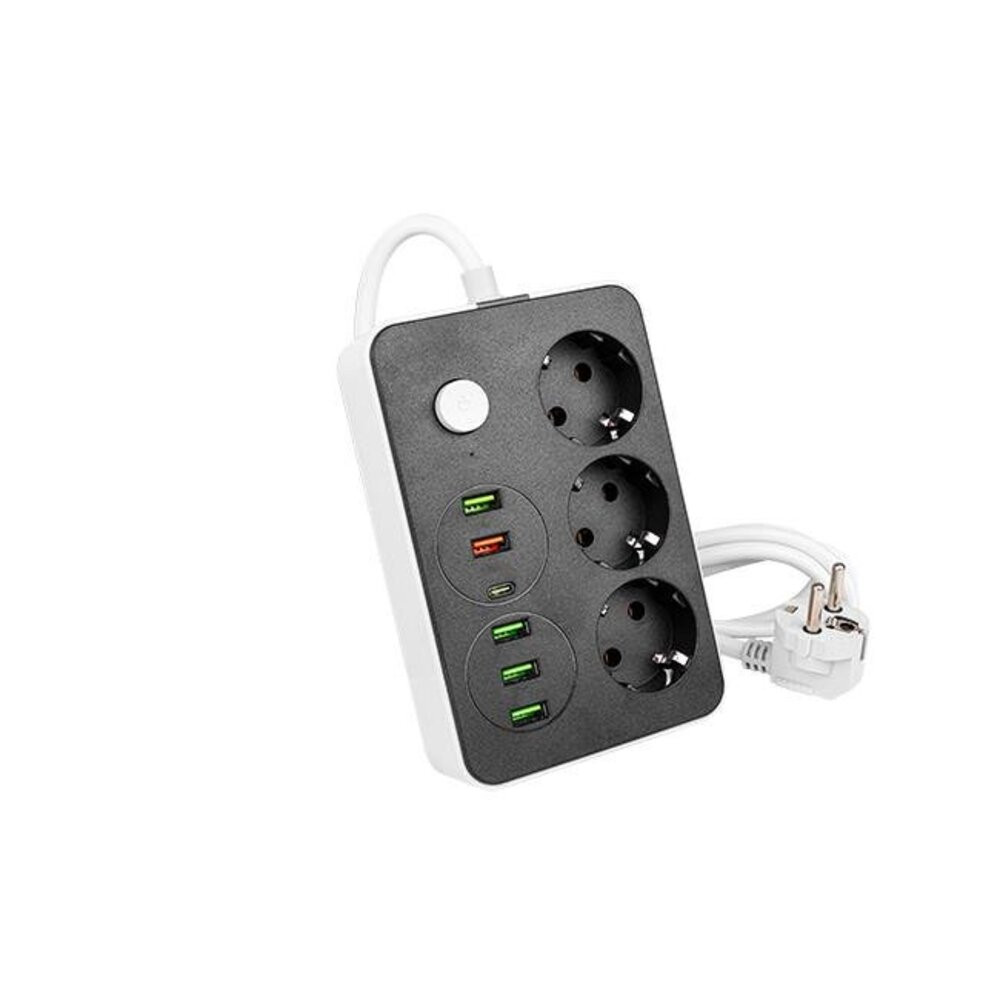 3-as elosztó , dugaljzat , hosszabbító , kapcsolós , 2m-es kábellel , 5 x USB , 1 x USB C , fekete , fehér , Remo