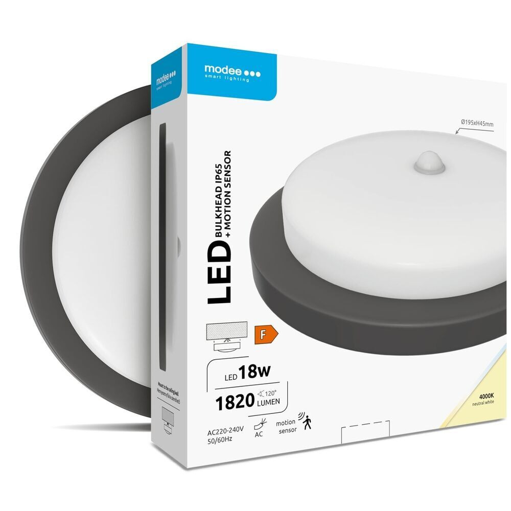 Modee LED Hajólámpa Kerek 18W 4000K (D195x45mm) IP65+PIR (1820 lumen) fekete