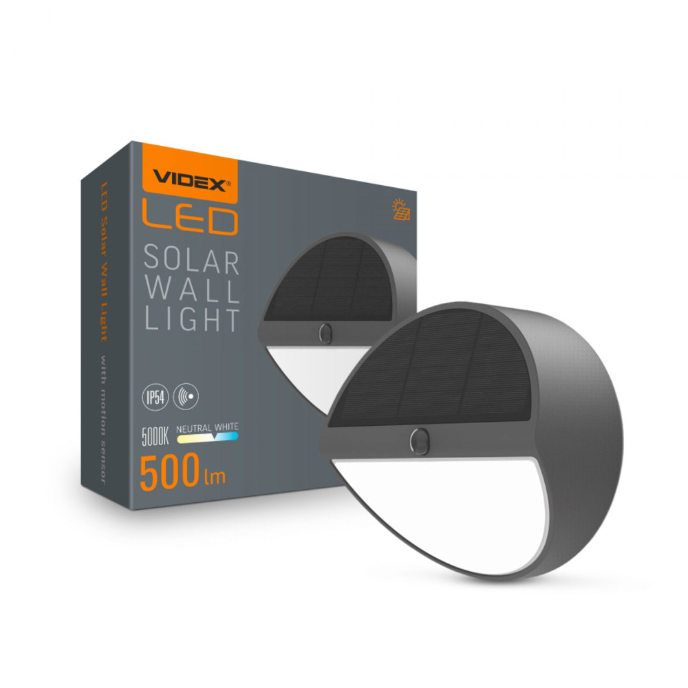 LED lámpa , napelemes fali lámpa , mozgásérzékelős , természetes fehér , fekete , kerek , IP54 , VIDEX