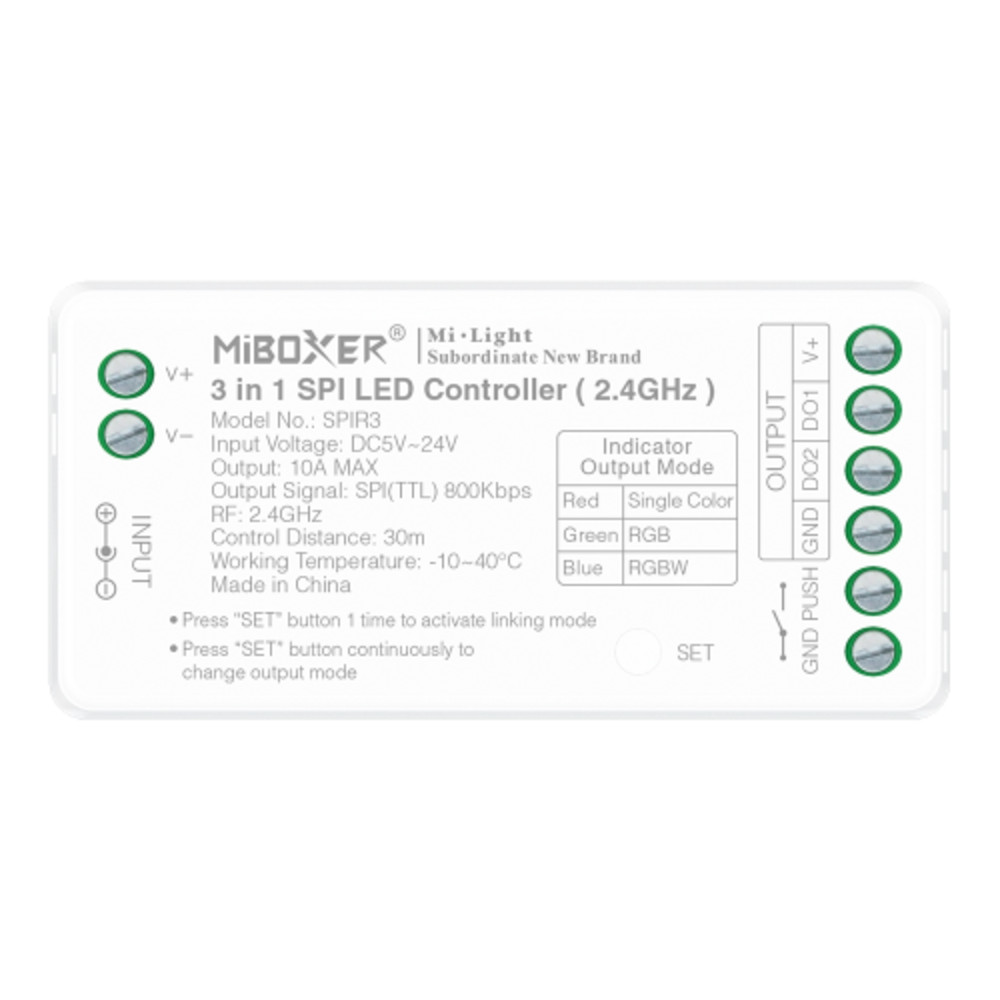 Digitális (SPI) LED szalag vezérlő (2.4GHz) futófényhez , 3in1 , 10A , monokróm/RGB /RGBW , Miboxer , SPIR3