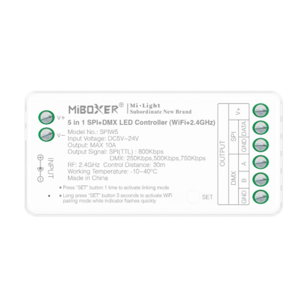 Digitális (SPI) LED szalag vezérlő (WIFI + 2.4G) futófényhez , DMX , Tuya Smart , 5in1 , 10A , monokróm/CCT/RGB /RGBW/RGB-CCT , Miboxer , SPIW5