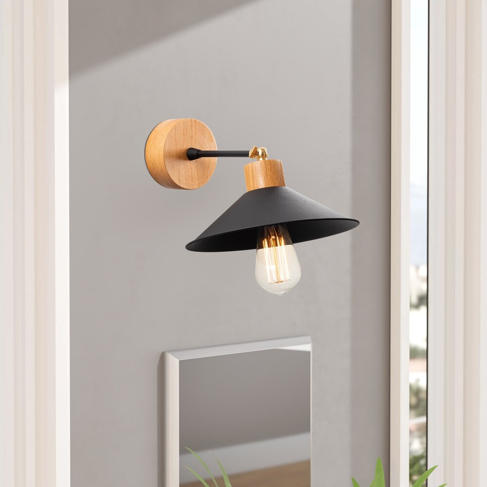 Modern fali lámpa fém testtel és fa talppal, fekete és tölgy, 24 cm átmérő, 20 cm magasság | E27 aljzat, max 40W | Stílusos ipari és skandináv design otthoni és irodai világításhoz